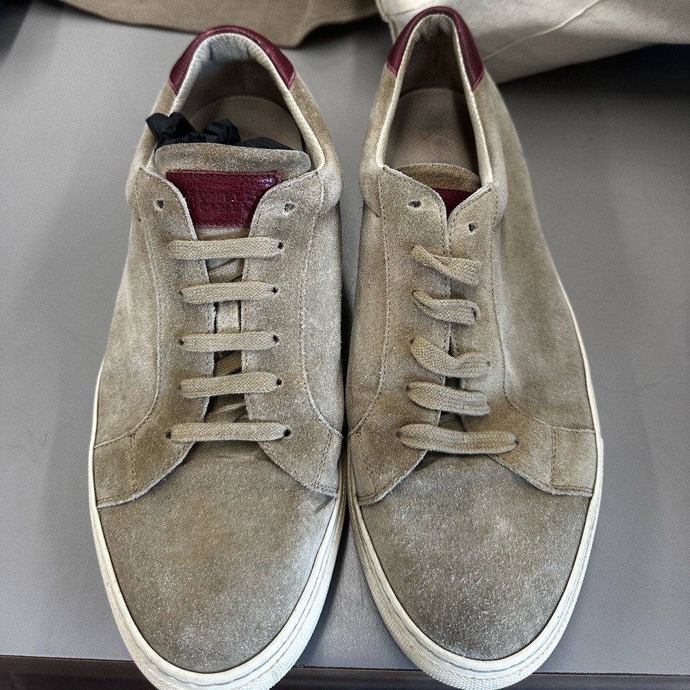 Brunello Cucinelli Beige and Burgundy Suede Sneakers